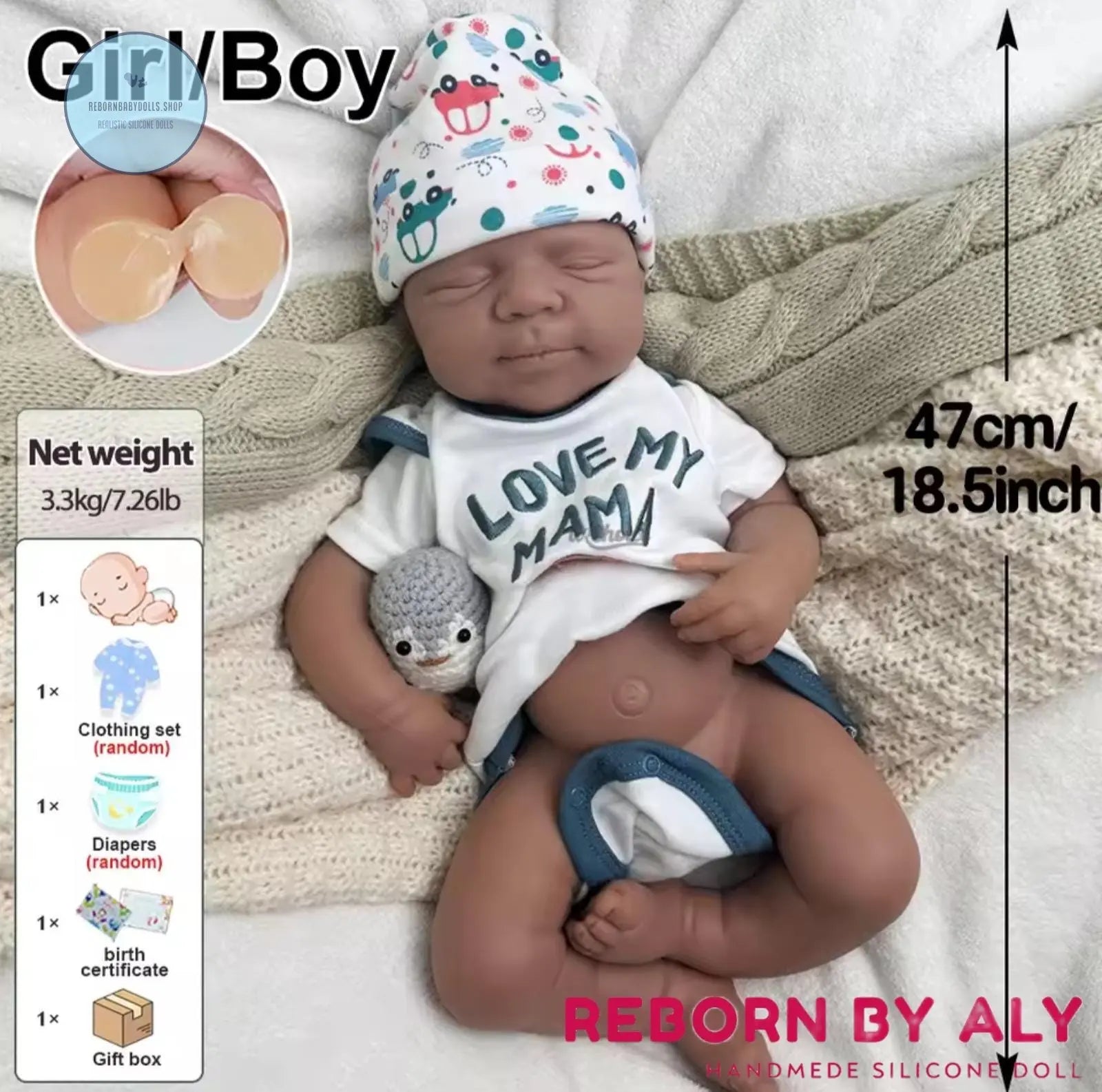 19" Lifelike Black Silicone Reborn Baby Doll | Dark Skin Lifelike Newborn | Realistic Collectible Toy Gift | African American Newborn Toy rebornbabydolls.shop